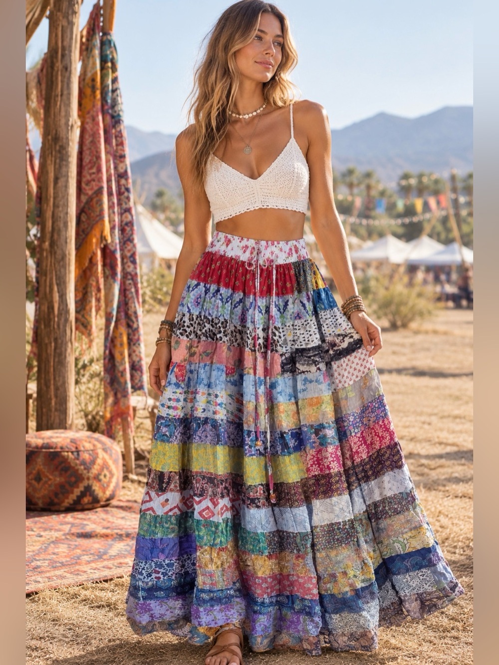 Vtg Vini Boho Patchwork Maxi Skirt Small Flowy Hippie Festival Peasant Beachy